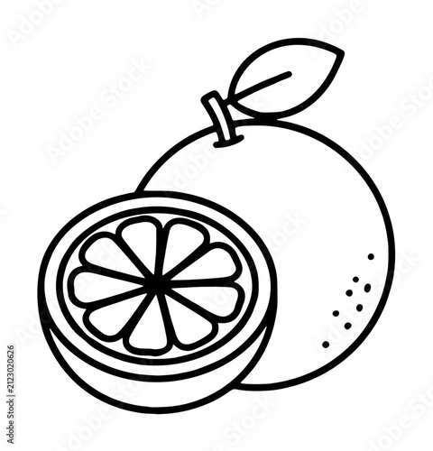 Hand-traced vector icon of a fresh grapefruit with leaf and half slice showing juicy citrus segments, minimalist line art illustration for packaging and food design