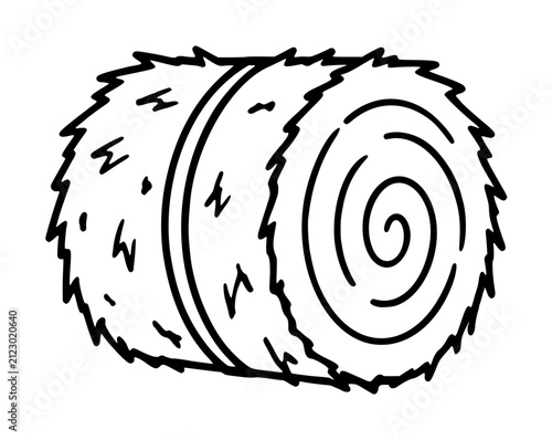 Hand-drawn hay bale vector icon illustration in black line art style showing a cylindrical rolled straw bale with spiral side and textured straw edges, perfect for farming and agriculture designs