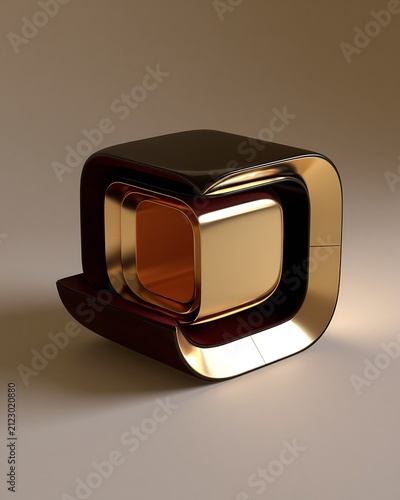 Geometric nested cube sculpture with polished gold and dark red surfaces on a neutral