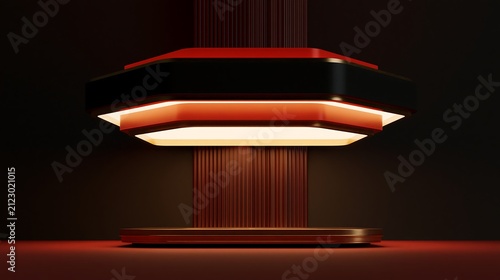 Octagonal red and display pedestal with glowing light and vertical ribbed wall