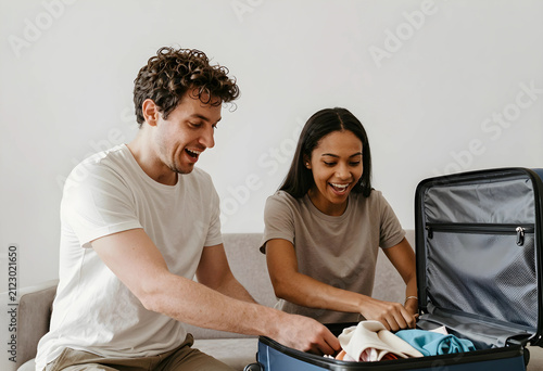 Happy diverse couple packin...