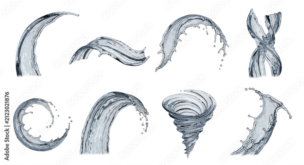 Fototapeta premium water splashes art isolated on a white backdrop various water forms for use as design elements