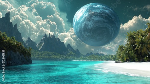 A giant blue planet looms over a tropical island beach with lush green mountains
