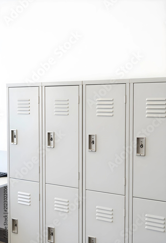 Row of gray metal school lo...