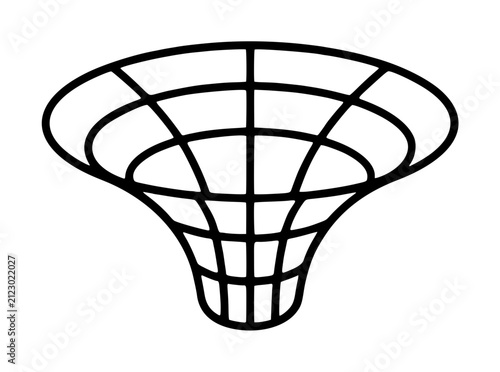 Hand-drawn black vector icon illustration of a gravity well funnel with concentric elliptical rings, vertical grid lines, and a tapered central spout on a white background