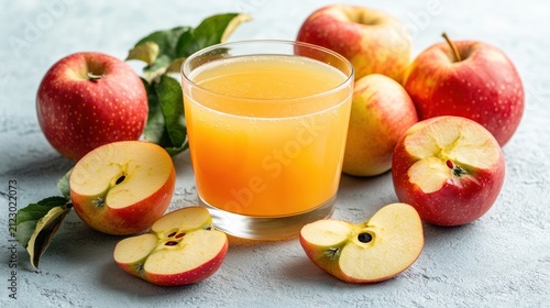 A glass of fresh apple juice surrounded by whole and sliced red apples on a desk
