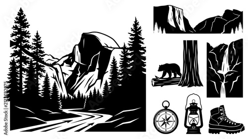 Canvastavla Yosemite National Park Vector Silhouette Set with Half Dome, El Capitan, Waterfa