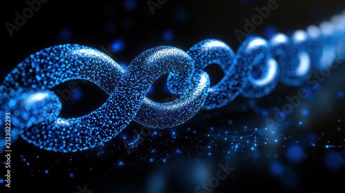 A glowing blue digital chain made of particle dots against a dark background