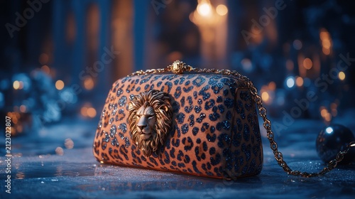 A leopard print evening bag featuring a gold lion head emblem and chain strap