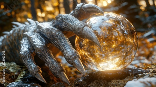 A monstrous scaly claw reaches toward a glowing golden orb in a forest setting