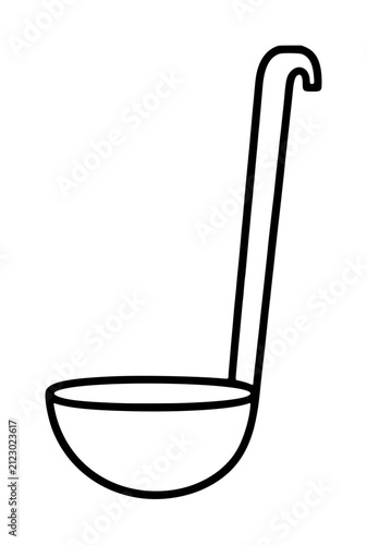 Hand-drawn black ladle vector icon illustration, simple cooking utensil outline with long curved handle and round bowl on transparent background, minimalist kitchen tool clip art