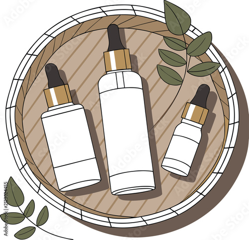 Natural Luxury Beauty Product Flat Lay with Eucalyptus and Sunlight.