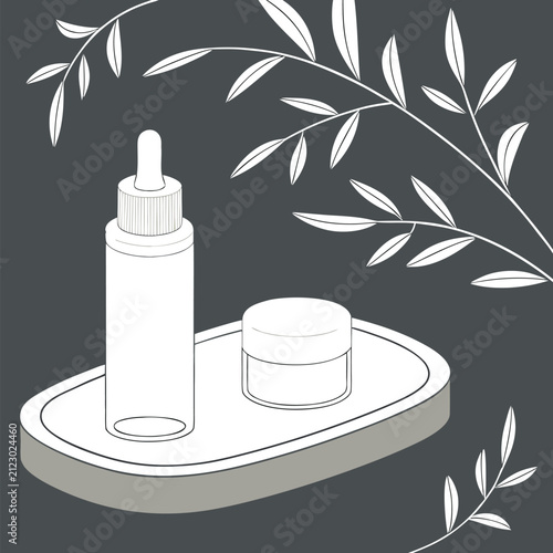 Organic Luxury Skincare Display with Wooden Caps and Grey Background.