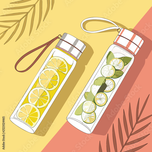 Top-Down View of Glass Water Bottles with Lemon and Cucumber Mint Infusion.
