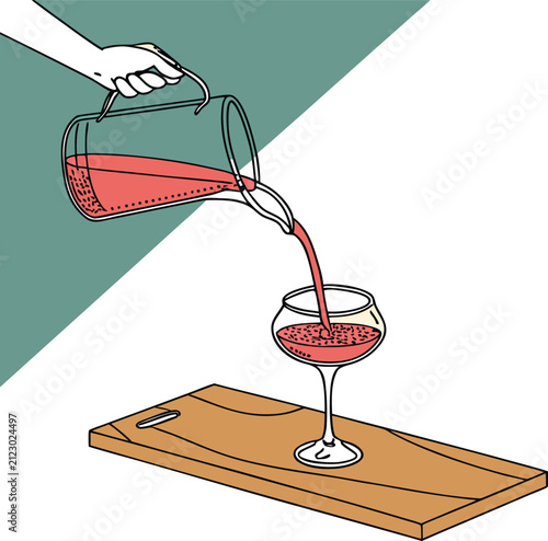 Translucent Red Drink Being Poured Against Teal and Peach.
