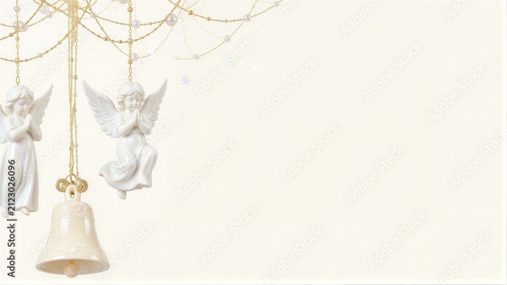 Obraz premium White angel figurines and bell hang gracefully against a soft, starry background.