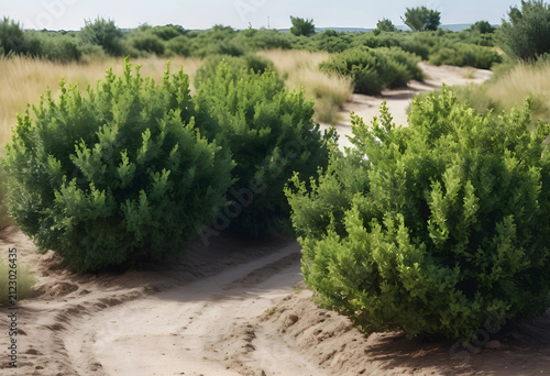 Desert landscape with green...