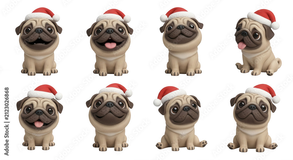 Obraz premium adorable pugs wearing santa hats sitting on a plain white background christmas cards and seasonal decorations