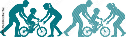 Teal silhouette of parents teaching their child how to ride a bicycle on a clean white background, for family learning