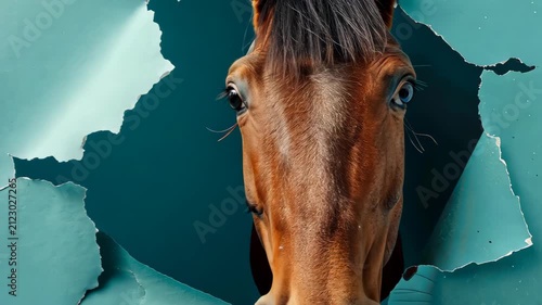 Curious Horse Peeking Through Torn Paper: A majestic brown horse with intelligent blue eyes peers through a tear in a teal-colored paper background.