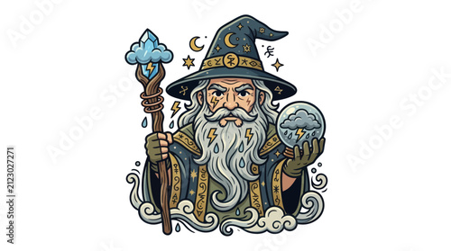 Foto Mysterious Wizard with Magic Staff and Crystal Ball