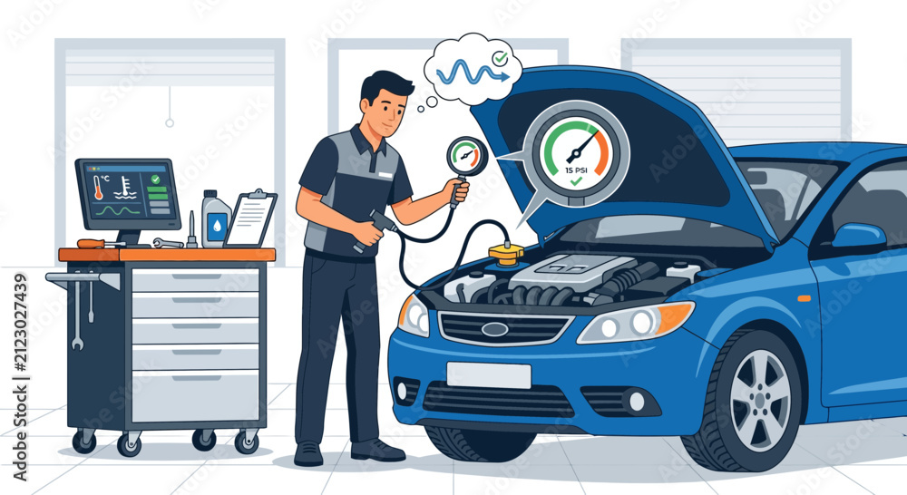 Naklejka premium Automotive Technician Inspecting Car Cooling System Pressure in Garage