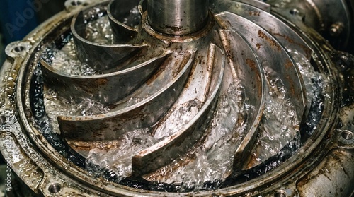 Industrial centrifugal pump impeller actively circulating water during operation, close-up view