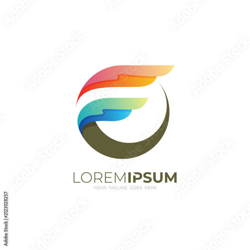 wing logo with 3d colorful design, logo of a wing forming the letter F