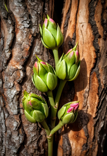 Green flower buds with pink...
