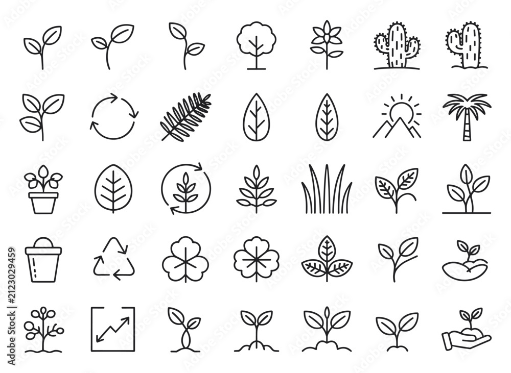 Fototapeta premium Plant and Nature Icons: A collection of simple line art icons representing various aspects of nature and plant life, including sprouts, trees, leaves, cacti, recycling symbols, and growth charts.