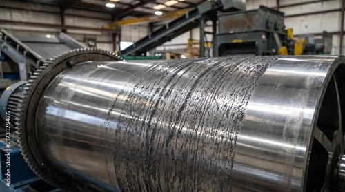 Close-up of a magnetic separator drum surface collecting metal particles in an industrial factory setting