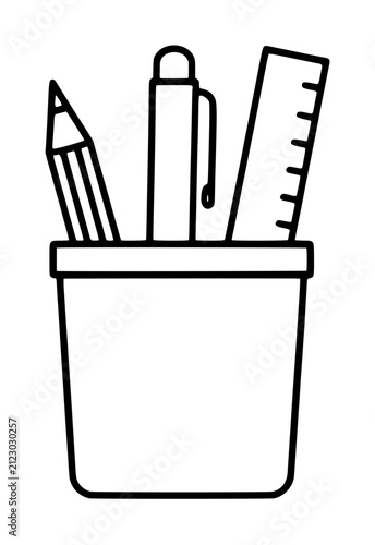 Hand drawn pencil pen ruler cup vector icon for school stationery hand-traced outline illustration with cup of drawing tools