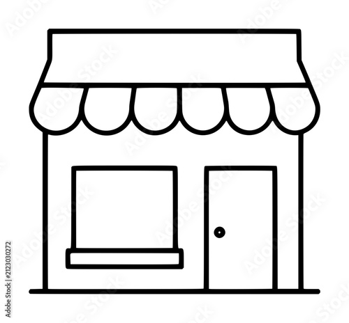 Hand-traced vector icon illustration of a charming storefront with a striped scalloped awning, large display window, and a front door with a round knob, isolated on white background