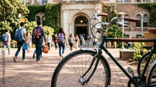 Students with backpacks walking on campus near a bicycle with a building in the background on a sunny day