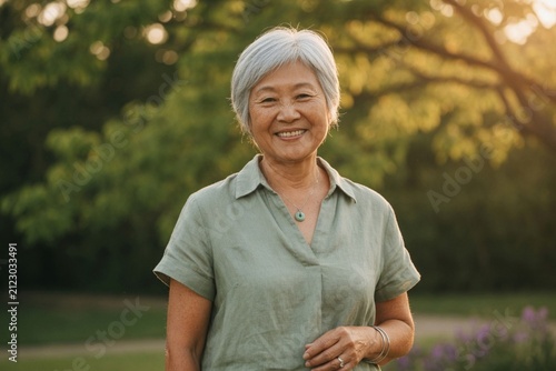 Joyful senior Asian woman with short silver hair and warm laugh lines smiling outdoors in a sunlit park during golden hour portrait