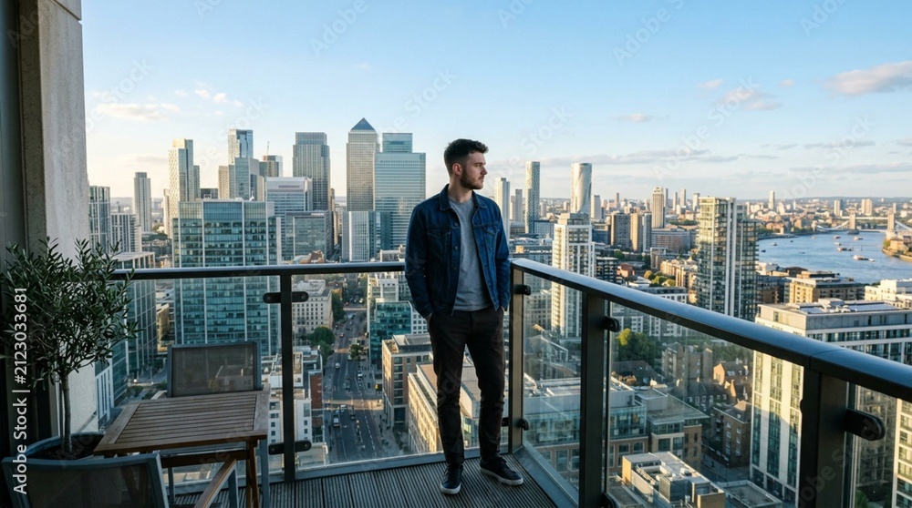 Obraz premium Young man in casual jacket standing on high-rise balcony overlooking modern city skyline at golden hour, hands in pockets, contemporary urban lifestyle photography