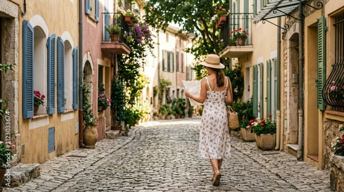 Young woman in a flowing white floral summer dress and straw hat walking down a sun-dappled European cobblestone alley lined with pastel facades, blue shutters, terracotta pots, and blooming
