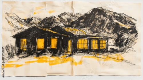 Mountain cabin sketch, warm interior