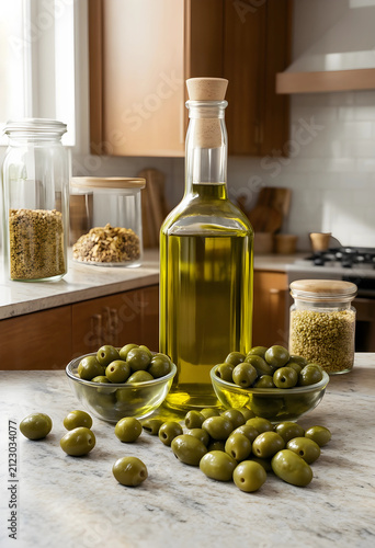 Olive oil bottle with green...