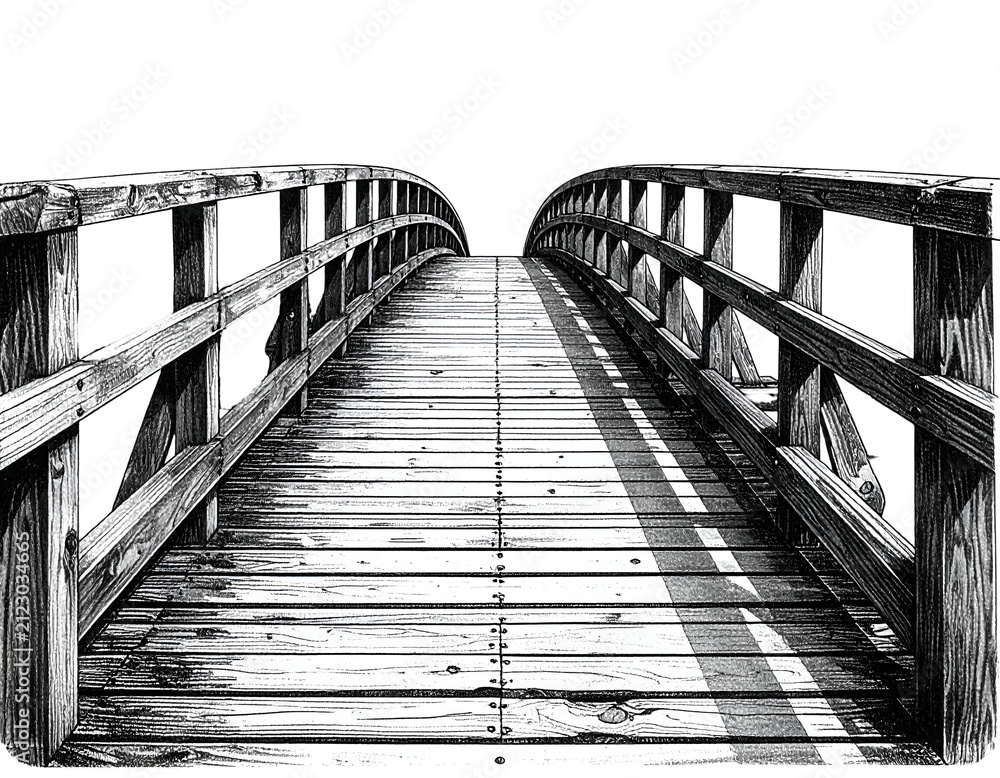 Fototapeta premium Wooden Bridge Pathway Isolated Black and White Illustration