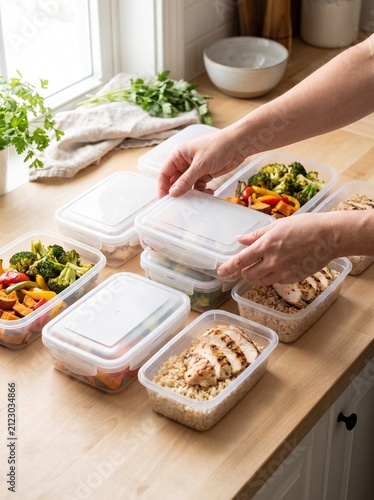 Hands closing clear plastic food containers filled with healthy meals for meal prep