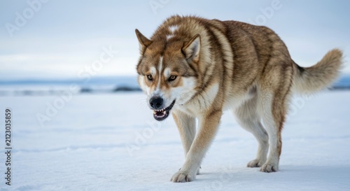 Husky-like canine walking across a snow-covered landscape