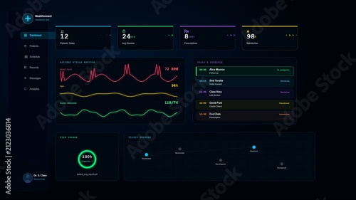 A futuristic telehealth consultation screen displays real time patient vitals and scheduling updates as the interactive medical data dashboard loads progress seamlessly.