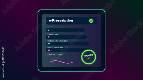 An animated digital electronic prescription on a telehealth consultation screen gets verified with a glowing green signed stamp for convenient remote medical healthcare services.