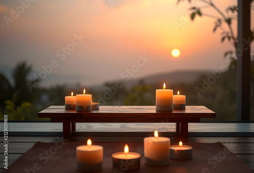 Burning candles on a wooden...