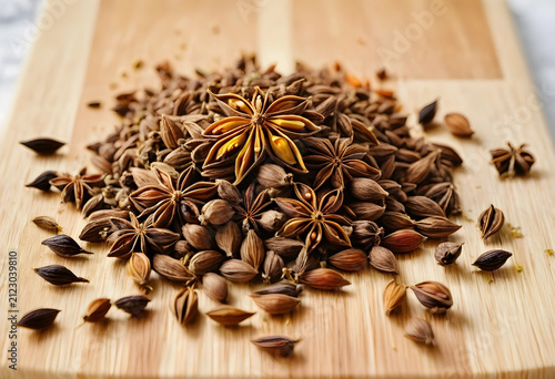 Pile of star anise and card...