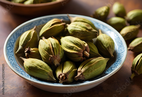 Green cardamom pods in a de...