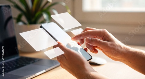 Person using smartphone with digital interface. Mobile app interaction with virtual screens.