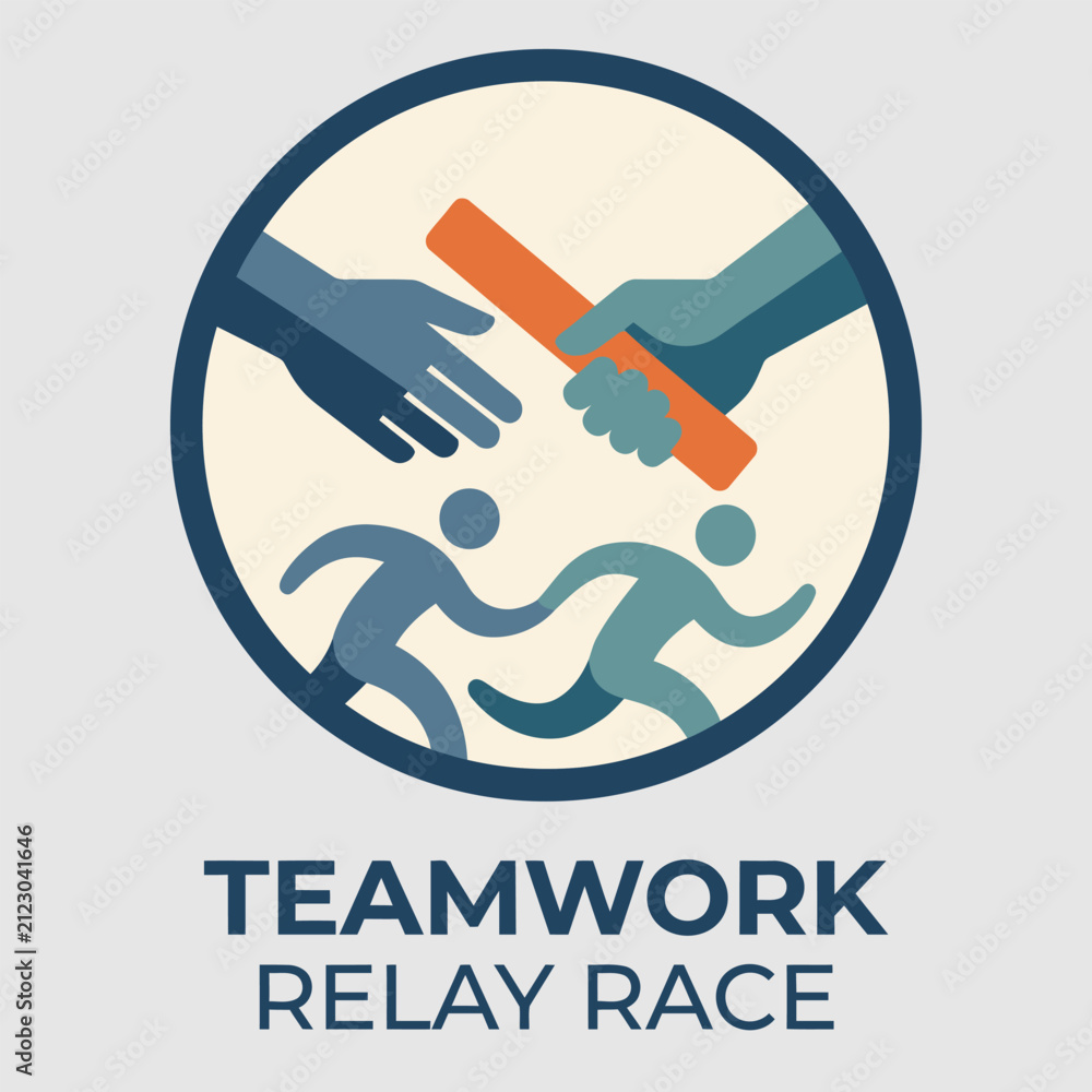 Fototapeta premium Flat vector illustration of relay race baton handoff representing teamwork and collaboration. Perfect for sports competitions, corporate teamwork, leadership training, and motivational campaigns.