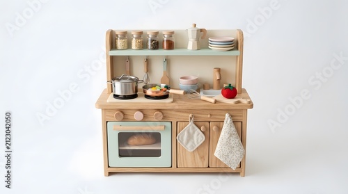 Miniature Wooden Play Kitchen Set with Accessories on White Background.